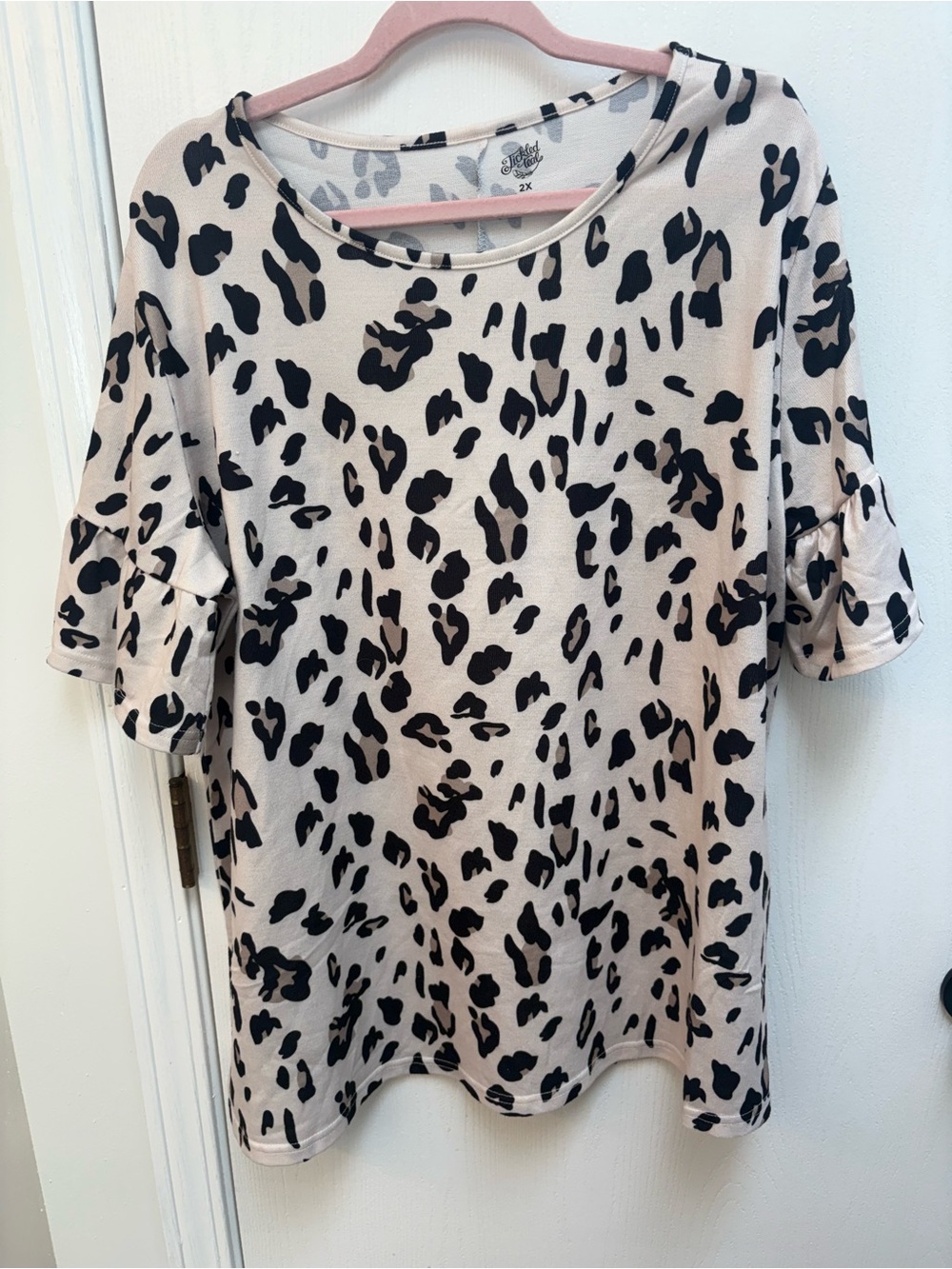 Tickled Teal Taupe Animal Print Ruffle Sleeve Tee